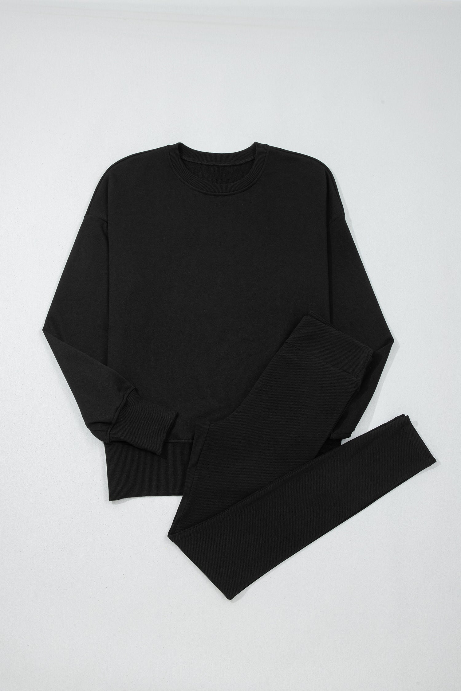 Black Solid Color Oversize Slit Sweatshirt Ribbed Leggings 2pcs Set-Two Piece Sets/Pant Sets-[Adult]-[Female]-2022 Online Blue Zone Planet