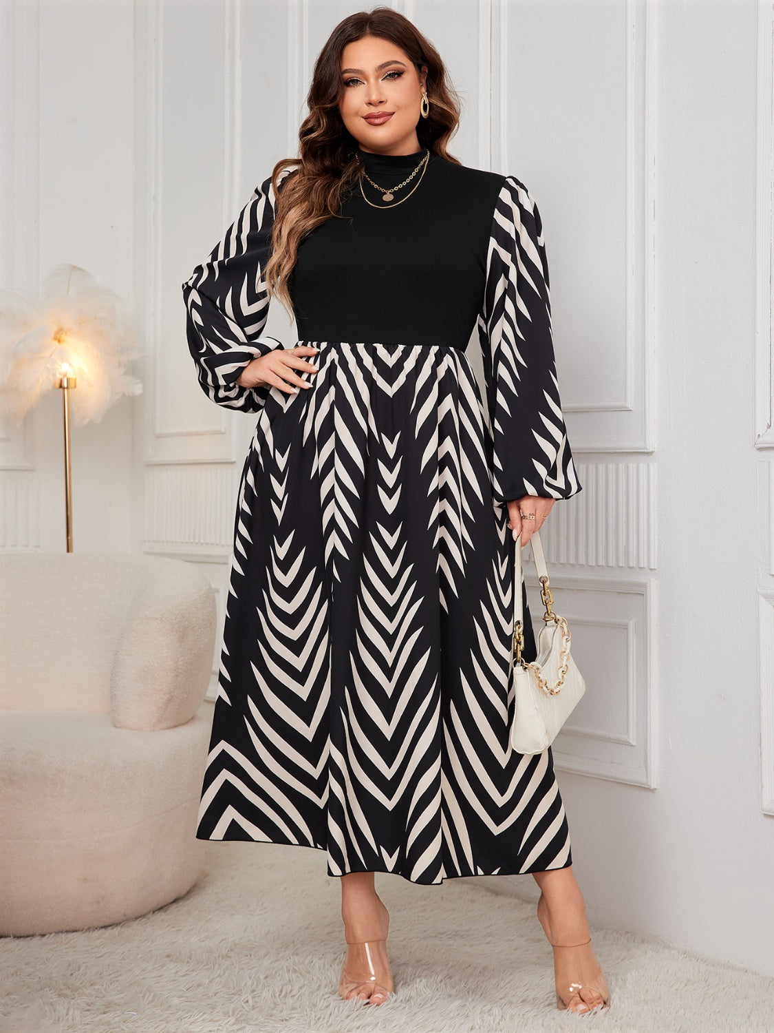 Blue Zone Planet | Plus Size Printed Mock Neck Long Sleeve Midi Dress-TOPS / DRESSES-[Adult]-[Female]-Black-1XL-2022 Online Blue Zone Planet