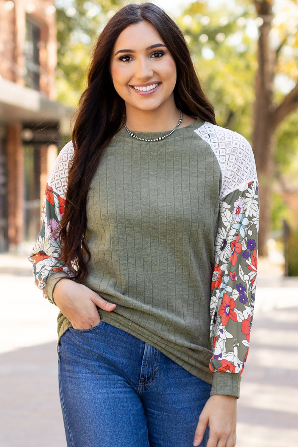 Laurel Green Floral Patchwork Long Sleeve Ribbed Blouse-Tops/Blouses & Shirts-[Adult]-[Female]-Laurel Green-S-2022 Online Blue Zone Planet