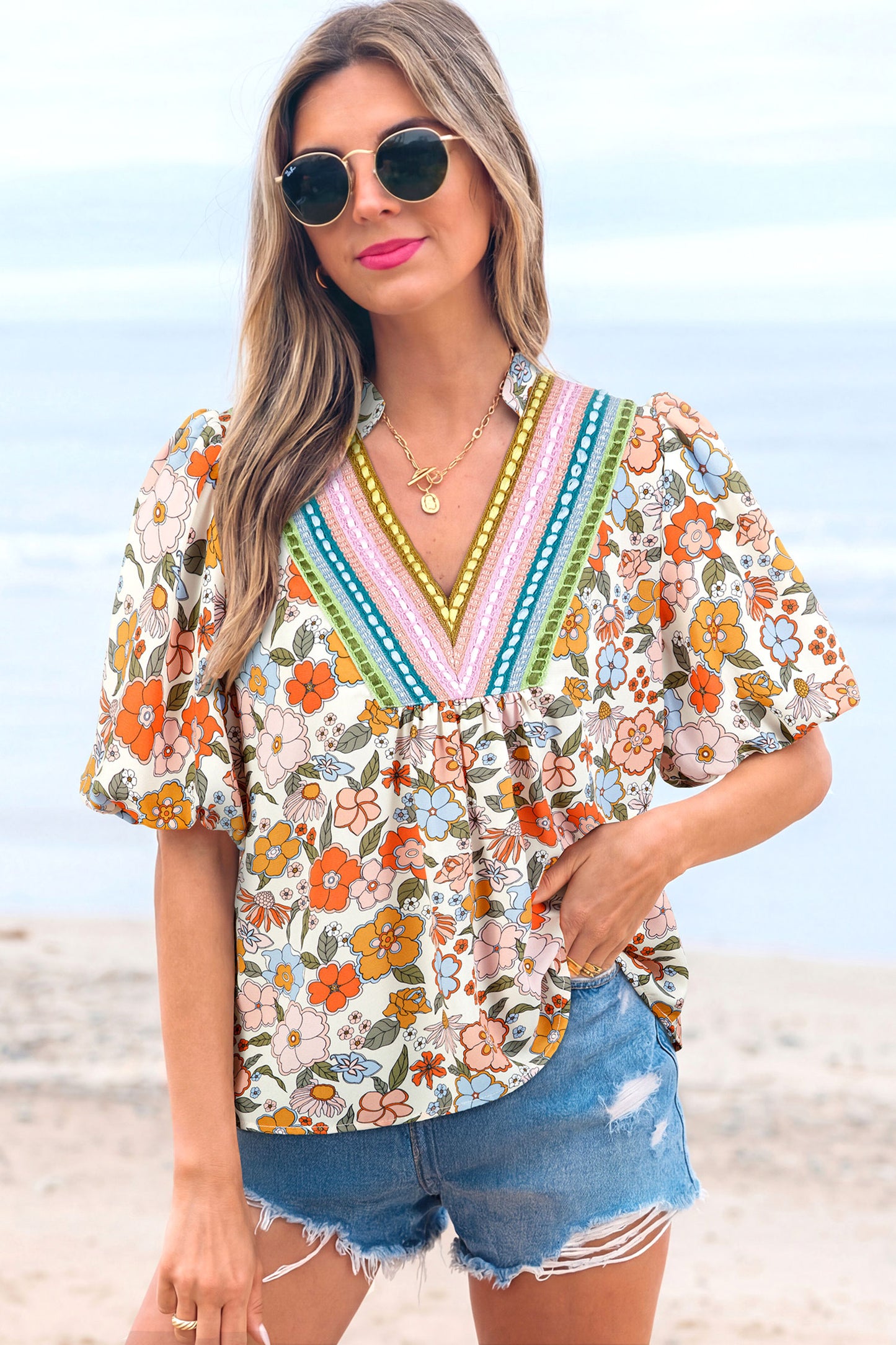 Multicolour Crochet V Neckline Puff Sleeve Boho Flower Blouse-Tops/Blouses & Shirts-[Adult]-[Female]-2022 Online Blue Zone Planet