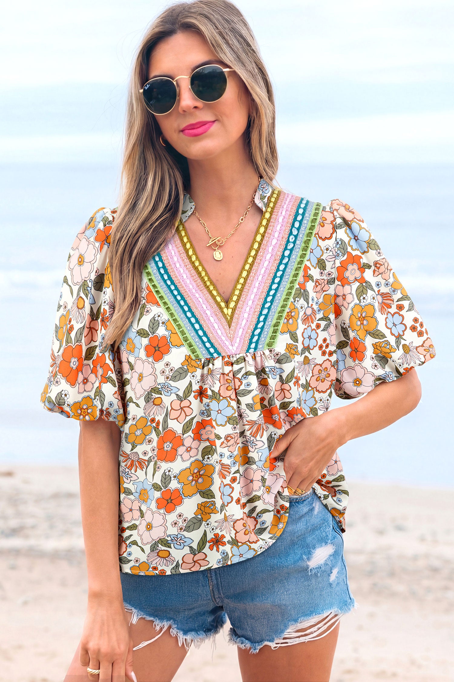 Multicolour Crochet V Neckline Puff Sleeve Boho Flower Blouse-Tops/Blouses & Shirts-[Adult]-[Female]-2022 Online Blue Zone Planet