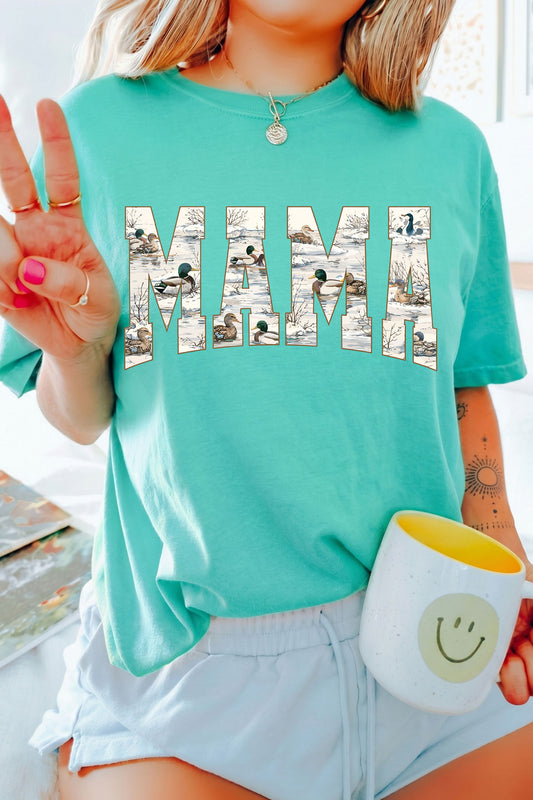 Mint Green Mallard Duck Print Mama Lettering Graphic T Shirt-Graphic/Graphic Tees-[Adult]-[Female]-Mint Green-S-2022 Online Blue Zone Planet