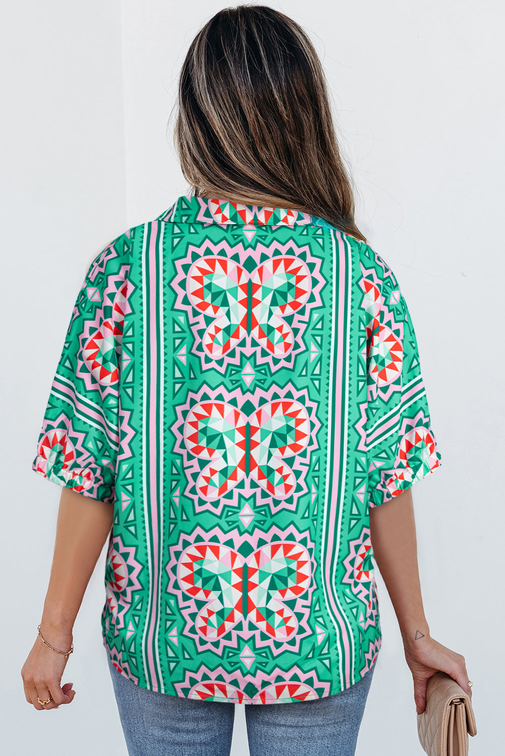 Sea Green Boho Abstract Print Contrast Striped Collared V Neck Blouse-Tops/Blouses & Shirts-[Adult]-[Female]-2022 Online Blue Zone Planet