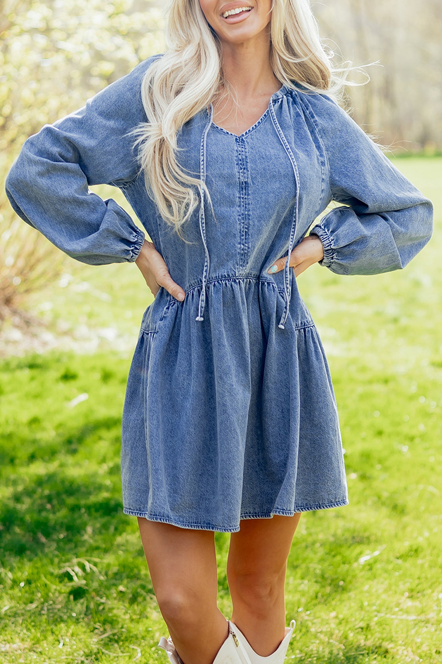 Myosotis Puff Sleeve V Neck Ruffled Loose Denim Mini Dress-TOPS / DRESSES-[Adult]-[Female]-2022 Online Blue Zone Planet