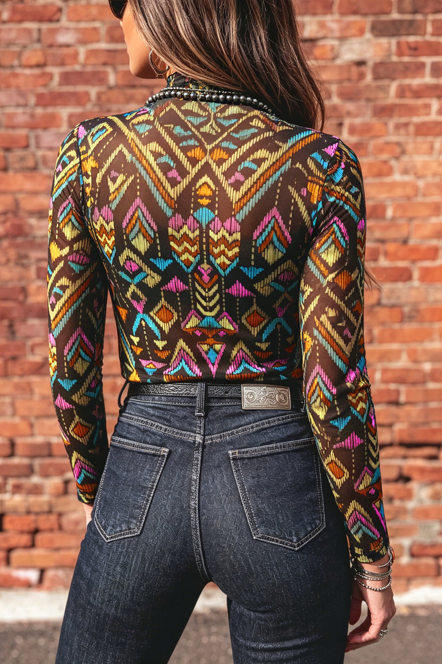 Color black Abstract Print Long Sleeve Stand Neck Mesh Top-Tops/Long Sleeve Tops-[Adult]-[Female]-2022 Online Blue Zone Planet