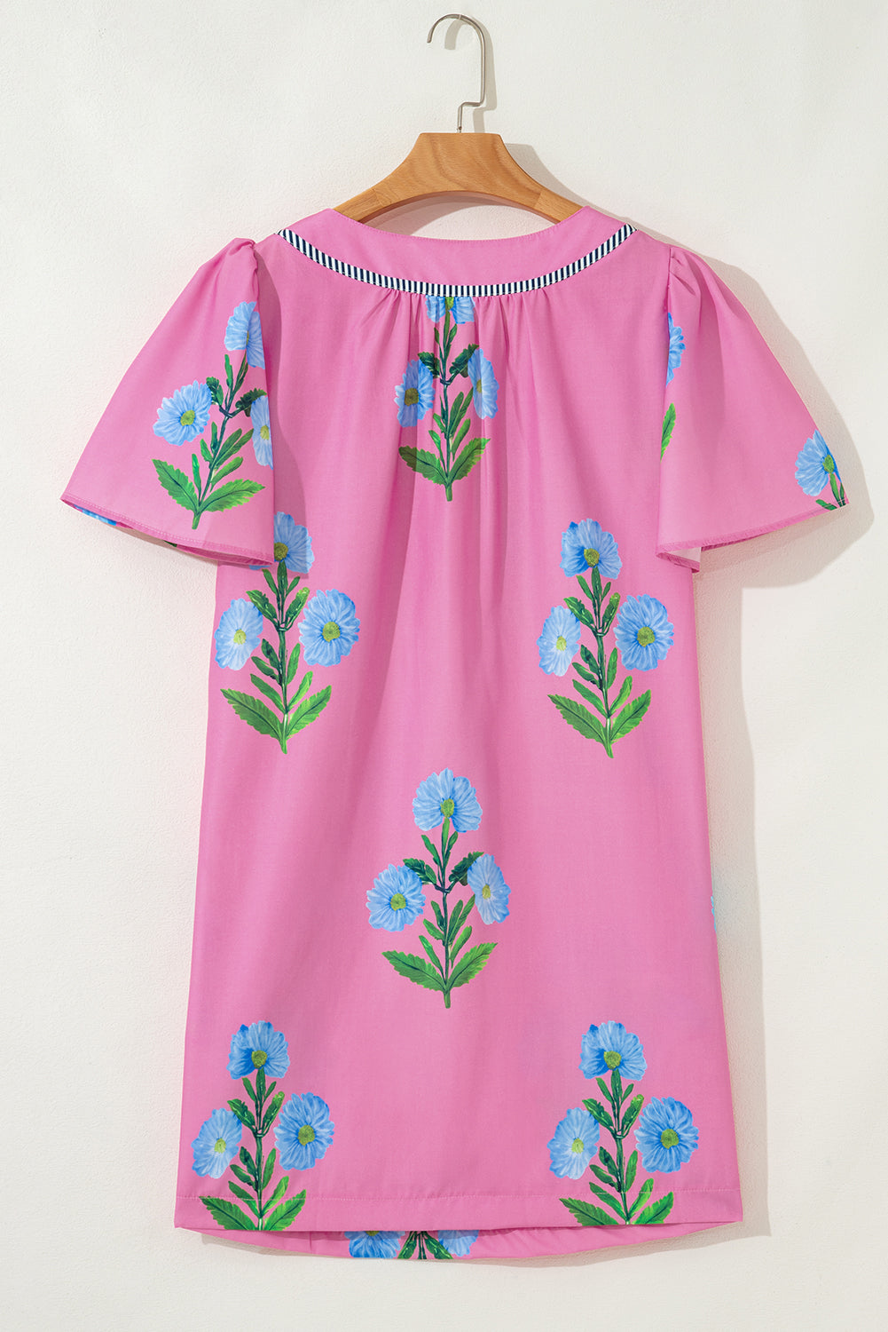 Rose Floral Short Sleeve Split Neck Loose Mini Dress-TOPS / DRESSES-[Adult]-[Female]-2022 Online Blue Zone Planet