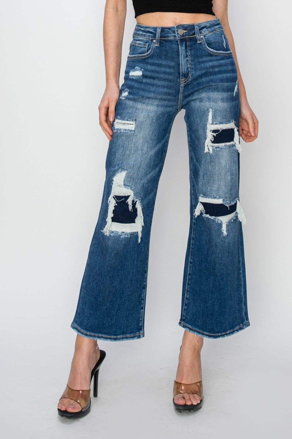 Blue Zone Planet | Risen Full Size High Rise Patch Detailed Wide Leg Crop Jeans-TOPS / DRESSES-[Adult]-[Female]-Medium-0(24)-2022 Online Blue Zone Planet