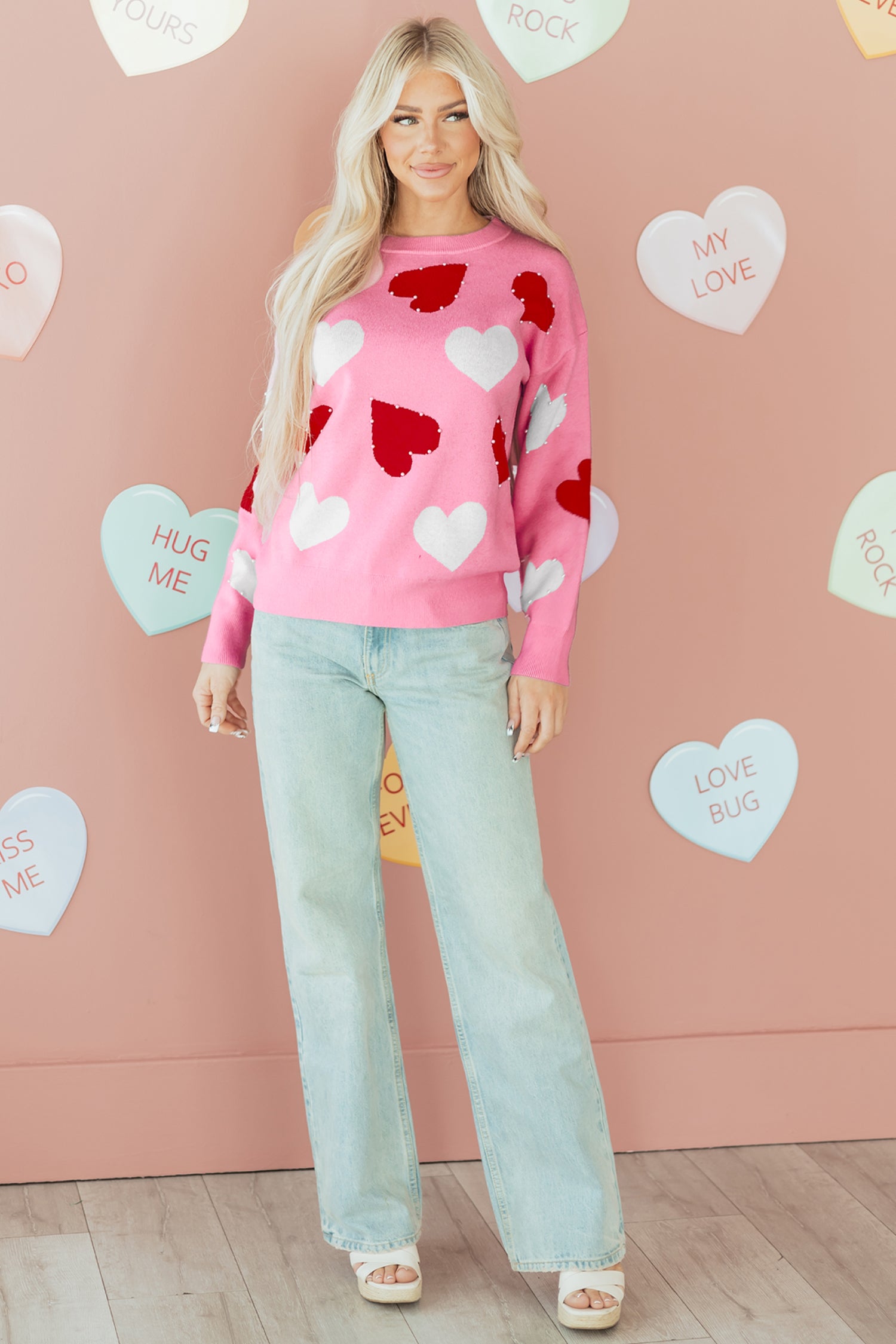 Pink Pearl Embellished Heart Pattern Valentines Day Sweater-TOPS / DRESSES-[Adult]-[Female]-2022 Online Blue Zone Planet