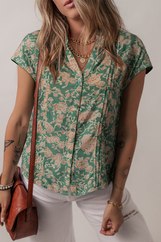 Green Floral Print Pleated Buttoned V Neck Short Sleeve Blouse-Tops/Blouses & Shirts-[Adult]-[Female]-Green-S-2022 Online Blue Zone Planet