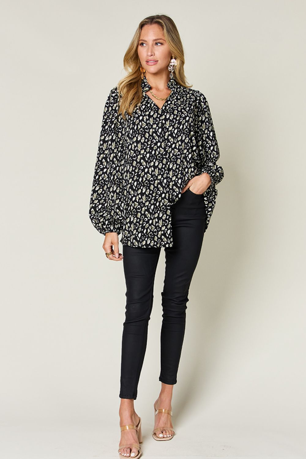 Blue Zone Planet | Double Take Full Size Leopard Long Sleeve Blouse-TOPS / DRESSES-[Adult]-[Female]-2022 Online Blue Zone Planet