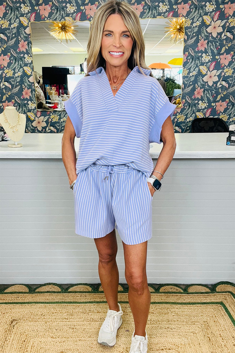Sky Blue Stripe Dolman Sleeve Polo Shirt and Drawstring Shorts Set-Two Piece Sets/Short Sets-[Adult]-[Female]-2022 Online Blue Zone Planet