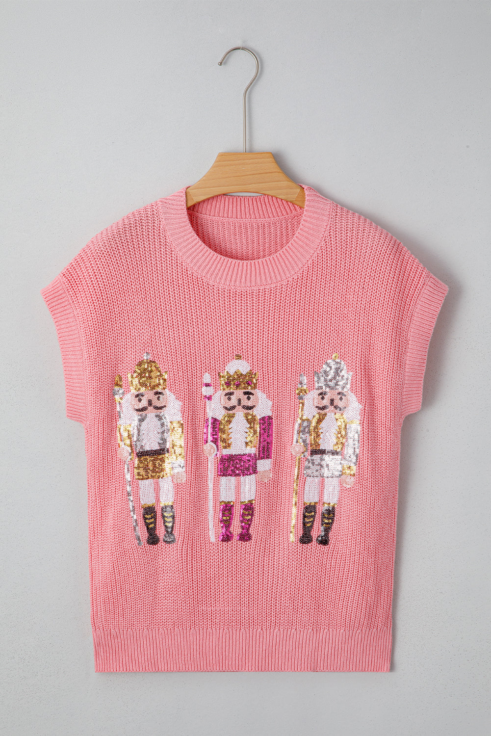 Gossamer Pink Nutcracker Cutie Sequin Graphic Short Sleeve Sweater-Sweaters & Cardigans/Short Sleeve Sweaters-[Adult]-[Female]-2022 Online Blue Zone Planet