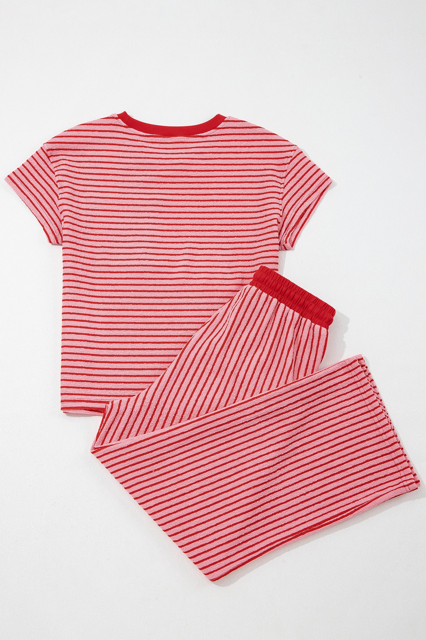Sky Blue Stripe Crew Neck Tee Drawstring Waist Cropped Pants Set-Two Piece Sets/Pant Sets-[Adult]-[Female]-2022 Online Blue Zone Planet
