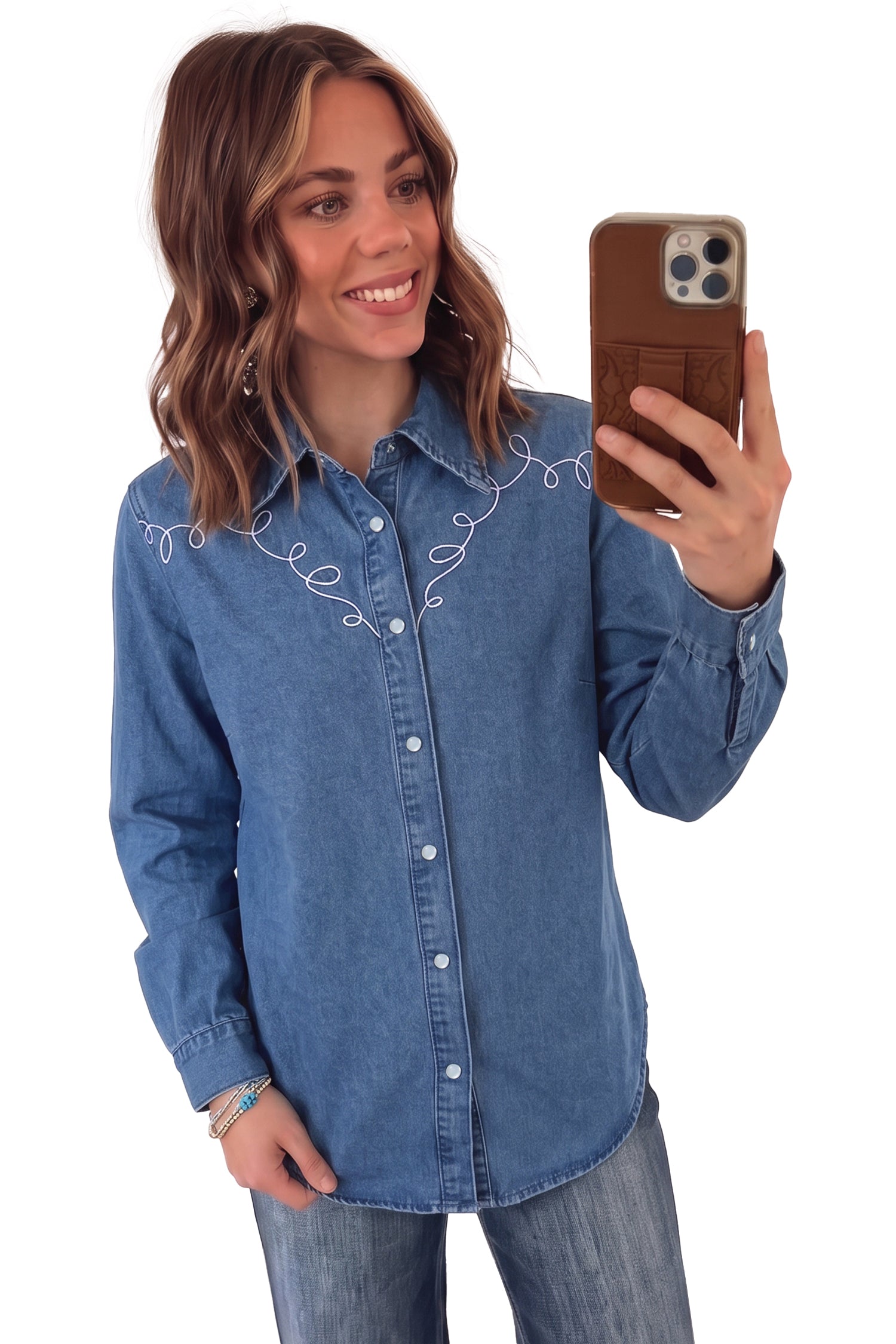 Dusk Blue Western Embroidered Collar Long Sleeve Denim Shirt-Tops/Blouses & Shirts-[Adult]-[Female]-2022 Online Blue Zone Planet
