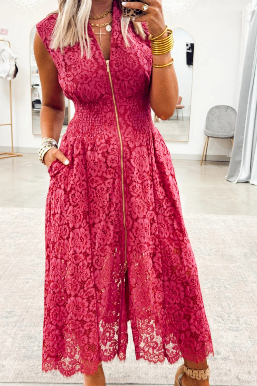 Coral Floral Lace Overlay Zip Up V Neck Smocked Waist Sleeveless Dress-Dresses/Maxi Dresses-[Adult]-[Female]-2022 Online Blue Zone Planet