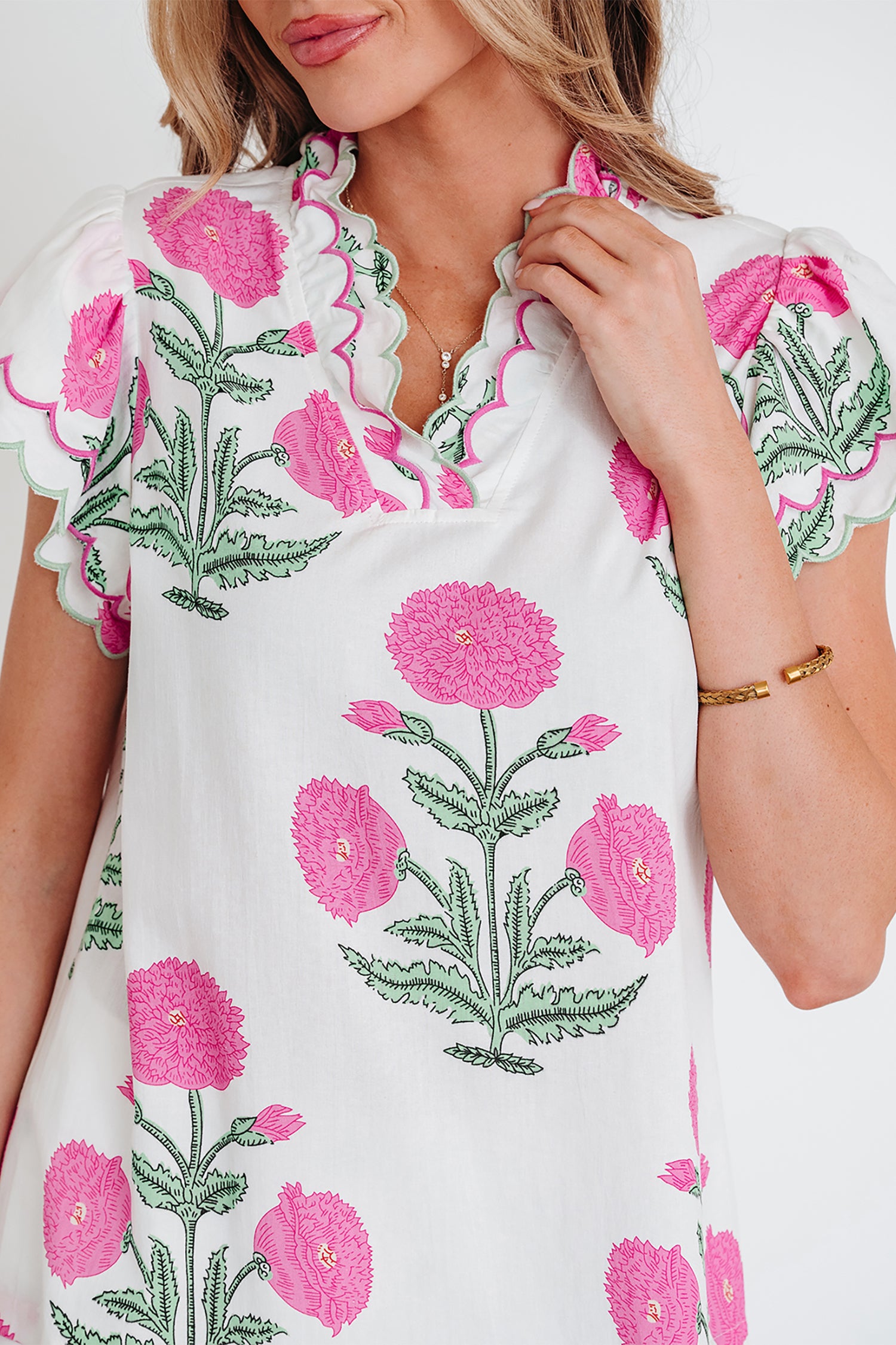 Pink Wild Flower Print Contrast Trim Scallop Detail Short Sleeve Blouse-Tops/Blouses & Shirts-[Adult]-[Female]-2022 Online Blue Zone Planet