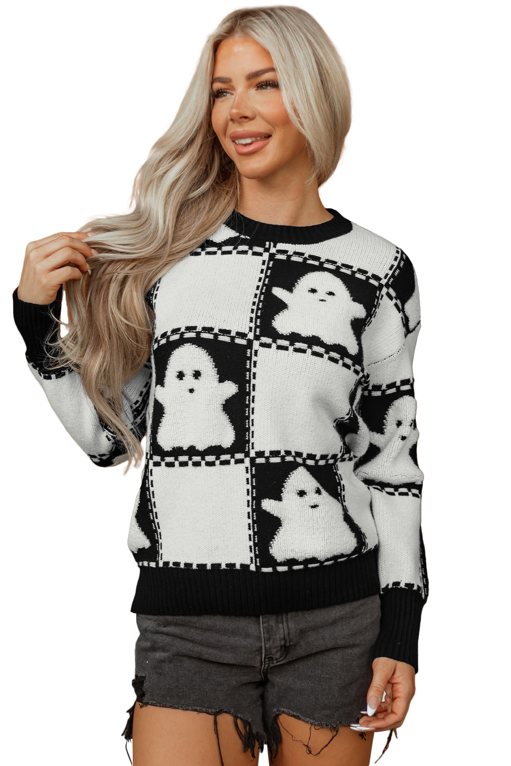 Black Halloween Ghost Checkered Drop Shoulder Sweater-TOPS / DRESSES-[Adult]-[Female]-2022 Online Blue Zone Planet