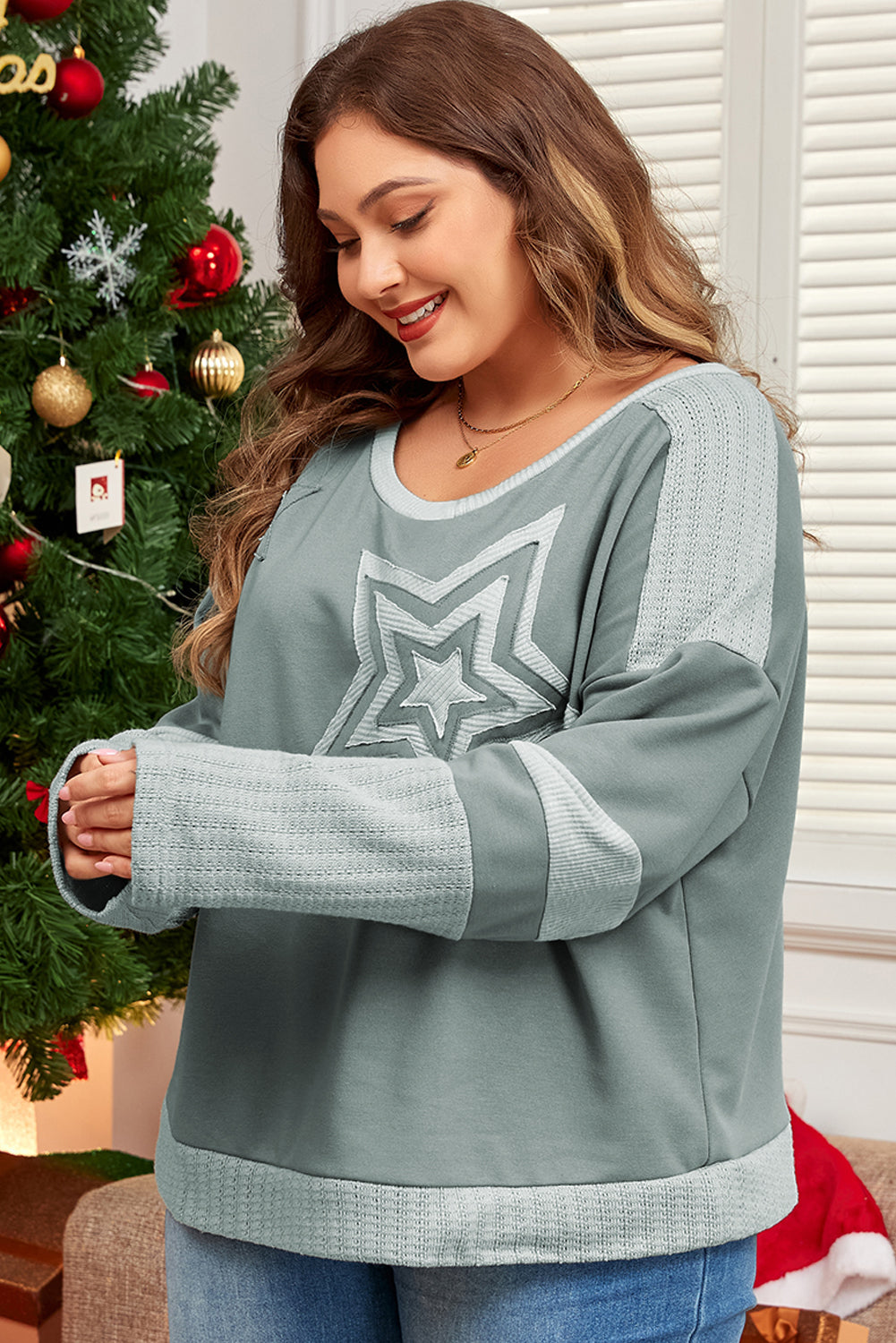 Blue Zone Planet | Mist Green Stars Patchwork Round Neck Plus Size T Shirt-TOPS / DRESSES-[Adult]-[Female]-2022 Online Blue Zone Planet