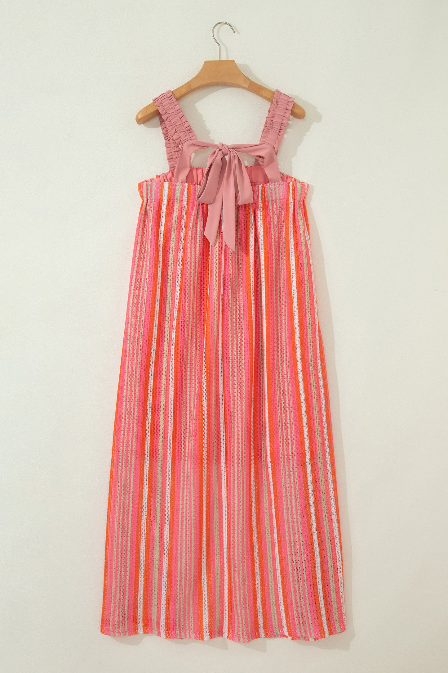 Pink Stripe Ruffled Straps Ribbon Knot Flowy Vacation Maxi Dress-TOPS / DRESSES-[Adult]-[Female]-2022 Online Blue Zone Planet