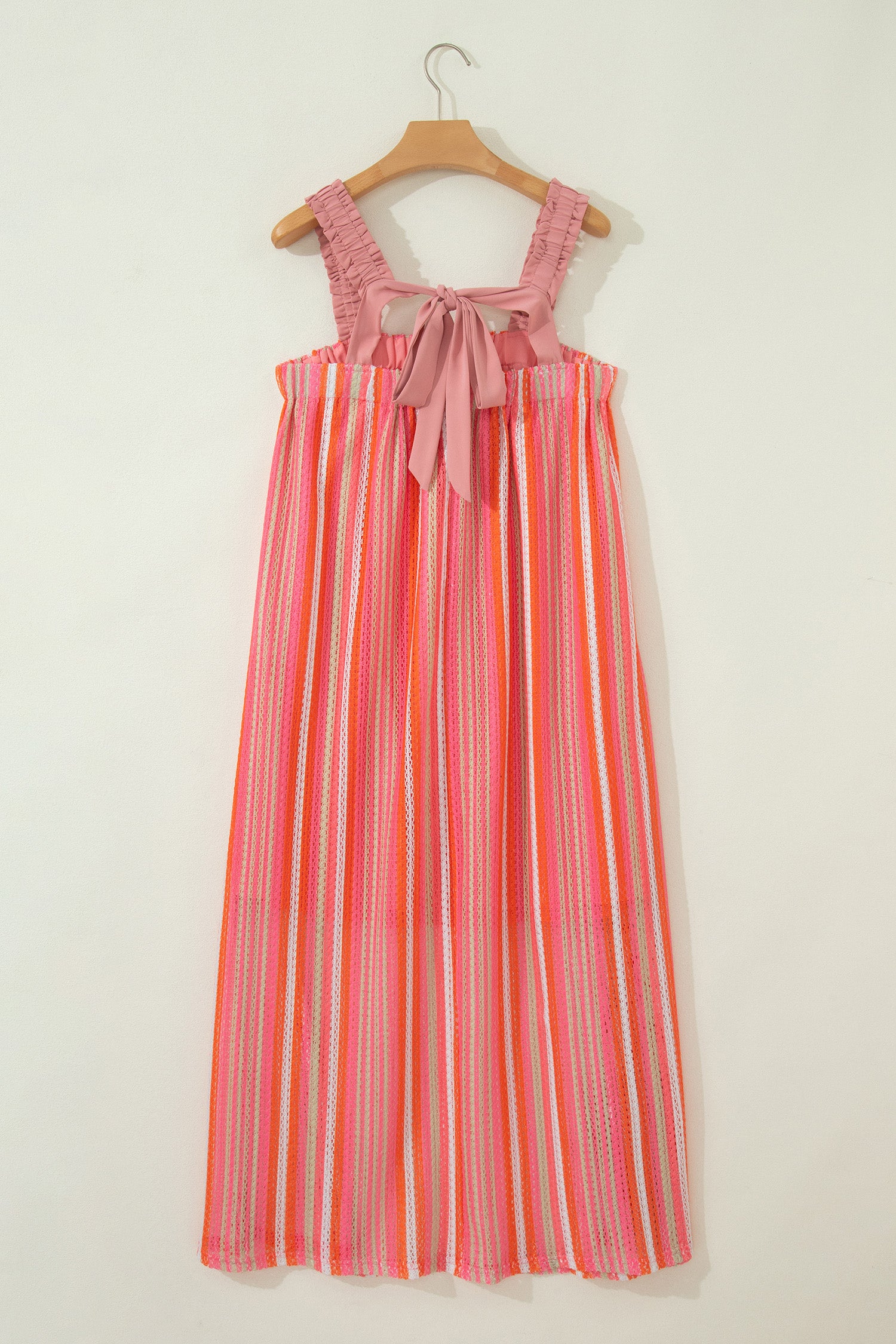 Pink Stripe Ruffled Straps Ribbon Knot Flowy Vacation Maxi Dress-TOPS / DRESSES-[Adult]-[Female]-2022 Online Blue Zone Planet