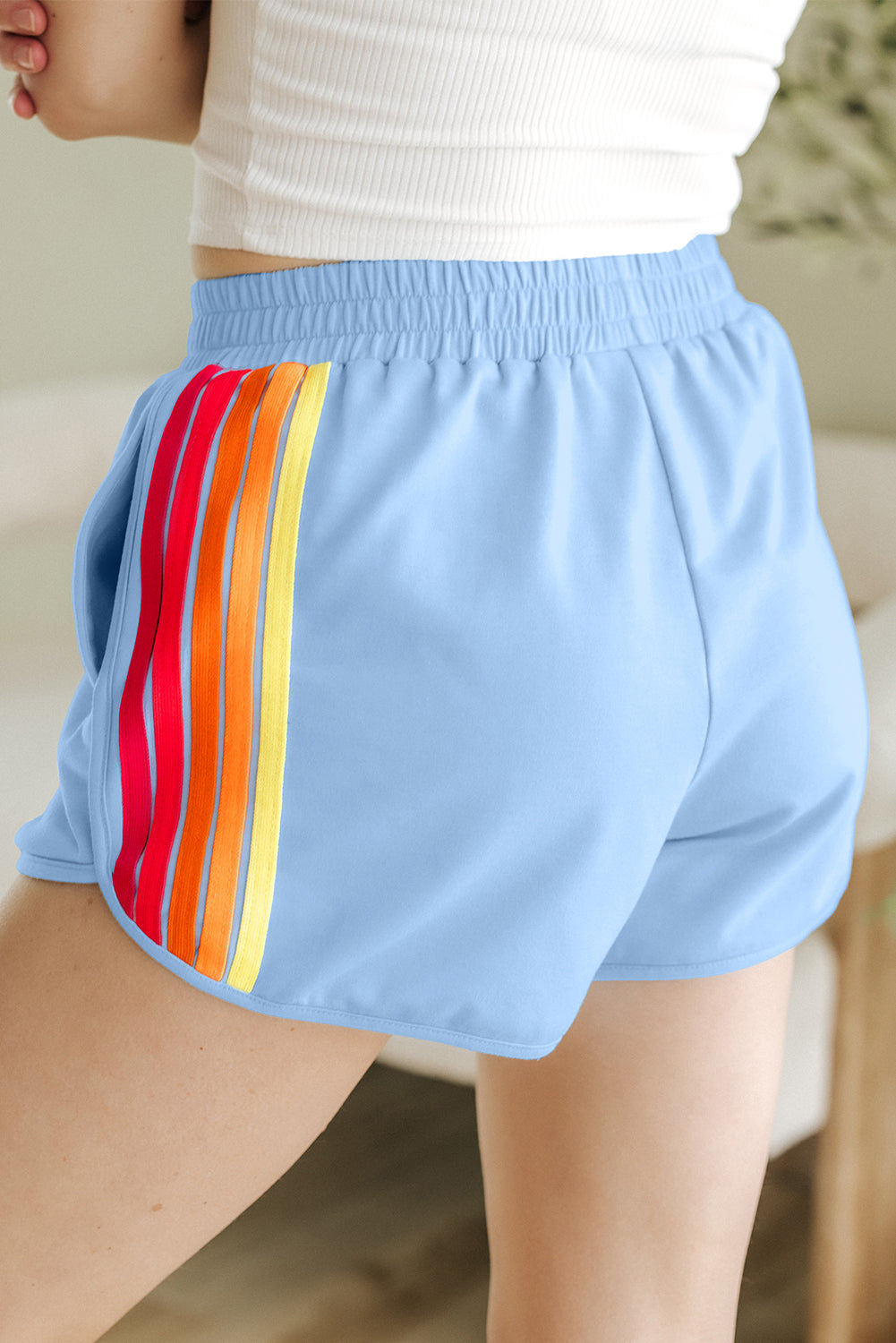 Beau Blue Color Block Stripes Elastic High Waist Active Shorts-Bottoms/Casual Shorts-[Adult]-[Female]-2022 Online Blue Zone Planet