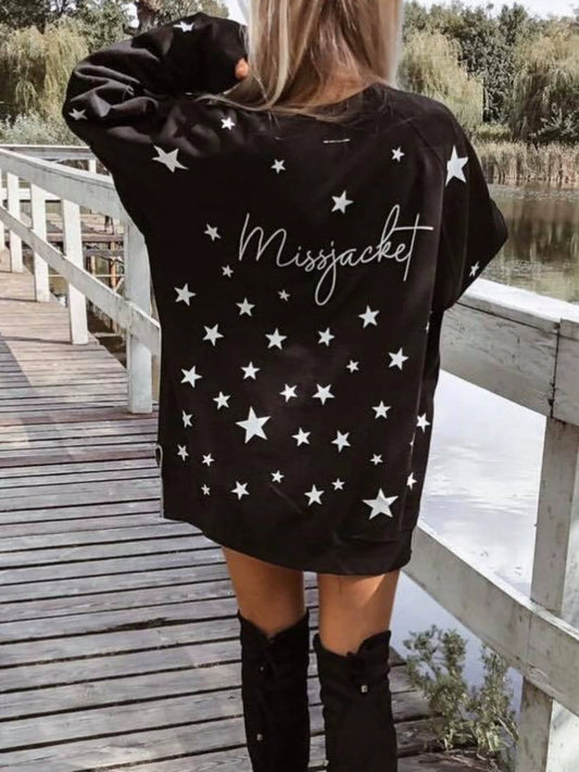 Side Slit Stars Round Neck Long Sleeve Sweatshirt-TOPS / DRESSES-[Adult]-[Female]-Black-S-2022 Online Blue Zone Planet