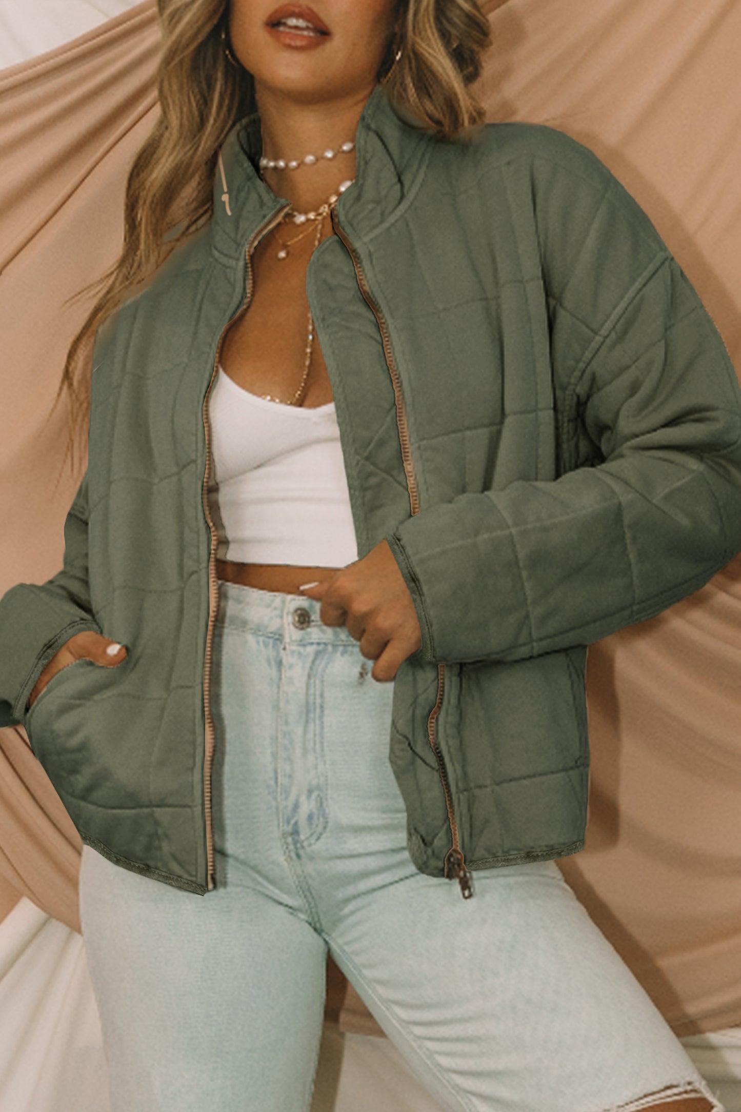 Green Zip-Up Pocket Quilted Jacket-Outerwear/Jackets-[Adult]-[Female]-2022 Online Blue Zone Planet