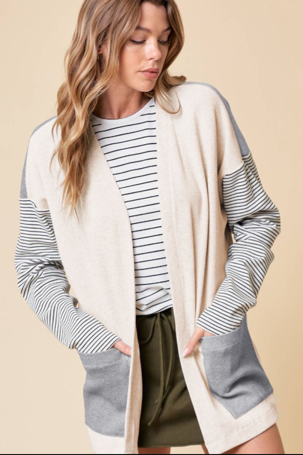 Blue Zone Planet | Open Front Long Sleeve Striped Cardigan with Pockets-TOPS / DRESSES-[Adult]-[Female]-2022 Online Blue Zone Planet