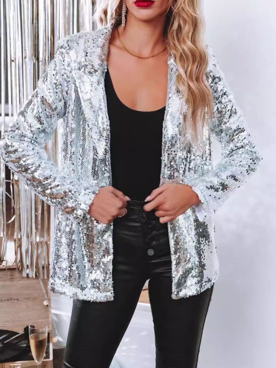 Blue Zone Planet | Sequin Lapel Collar Long Sleeve Blazer-TOPS / DRESSES-[Adult]-[Female]-2022 Online Blue Zone Planet