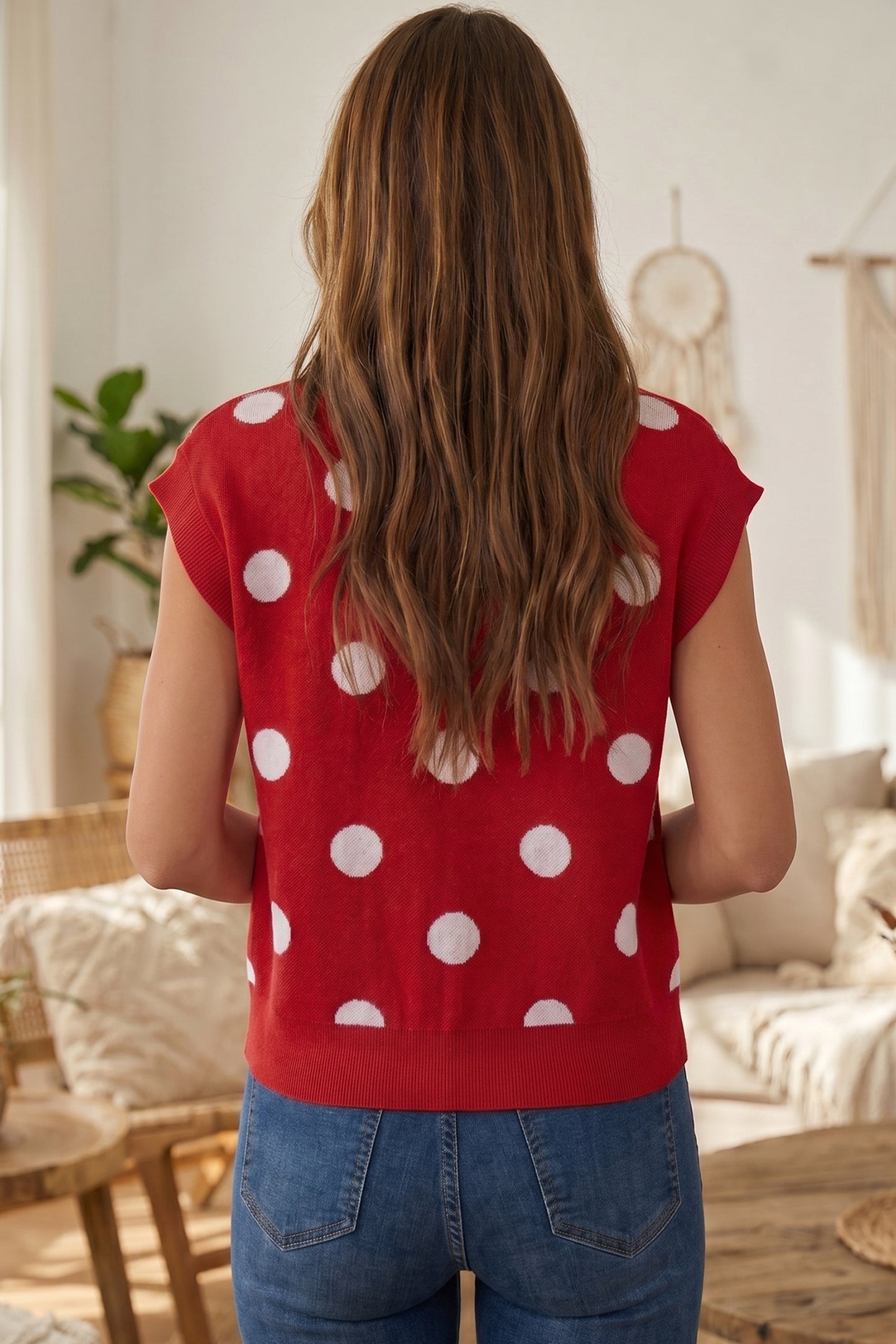 Red Relaxed Polka Dot Print Decorated Button Sweater Vest-TOPS / DRESSES-[Adult]-[Female]-2022 Online Blue Zone Planet