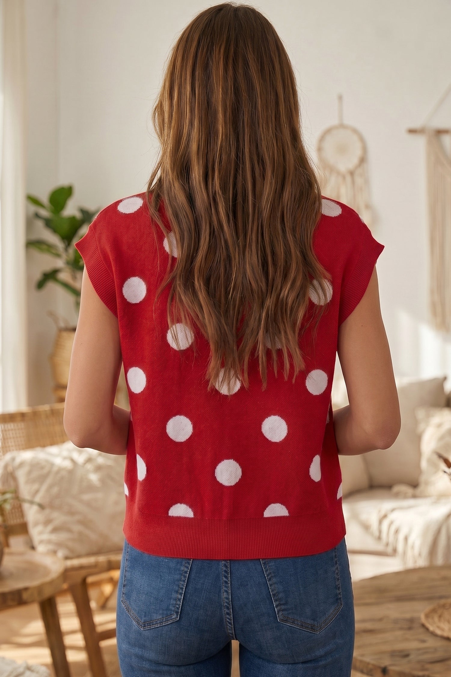 Red Relaxed Polka Dot Print Decorated Button Sweater Vest-TOPS / DRESSES-[Adult]-[Female]-2022 Online Blue Zone Planet