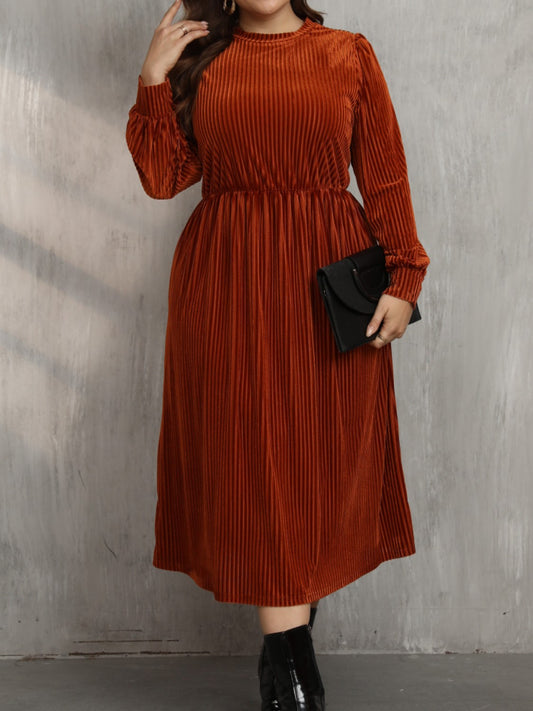 Blue Zone Planet | Plus Size Round Neck Long Sleeve Midi Dress-TOPS / DRESSES-[Adult]-[Female]-Rust-0XL-2022 Online Blue Zone Planet