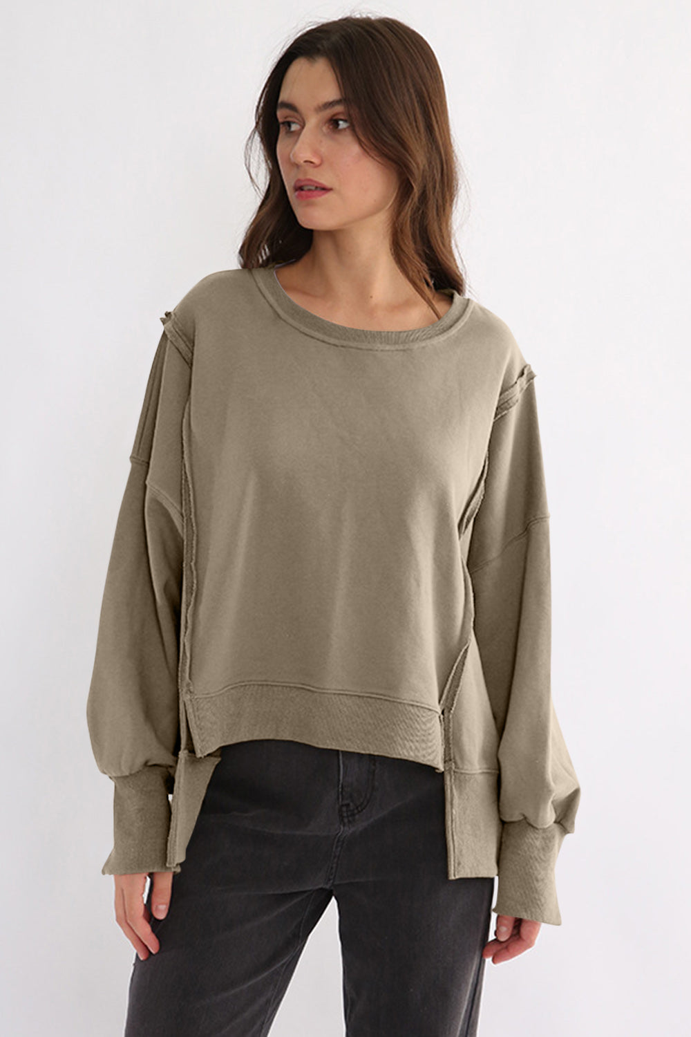 Exposed Seam High-Low Long Sleeve Sweatshirt-TOPS / DRESSES-[Adult]-[Female]-Khaki-One Size-2022 Online Blue Zone Planet