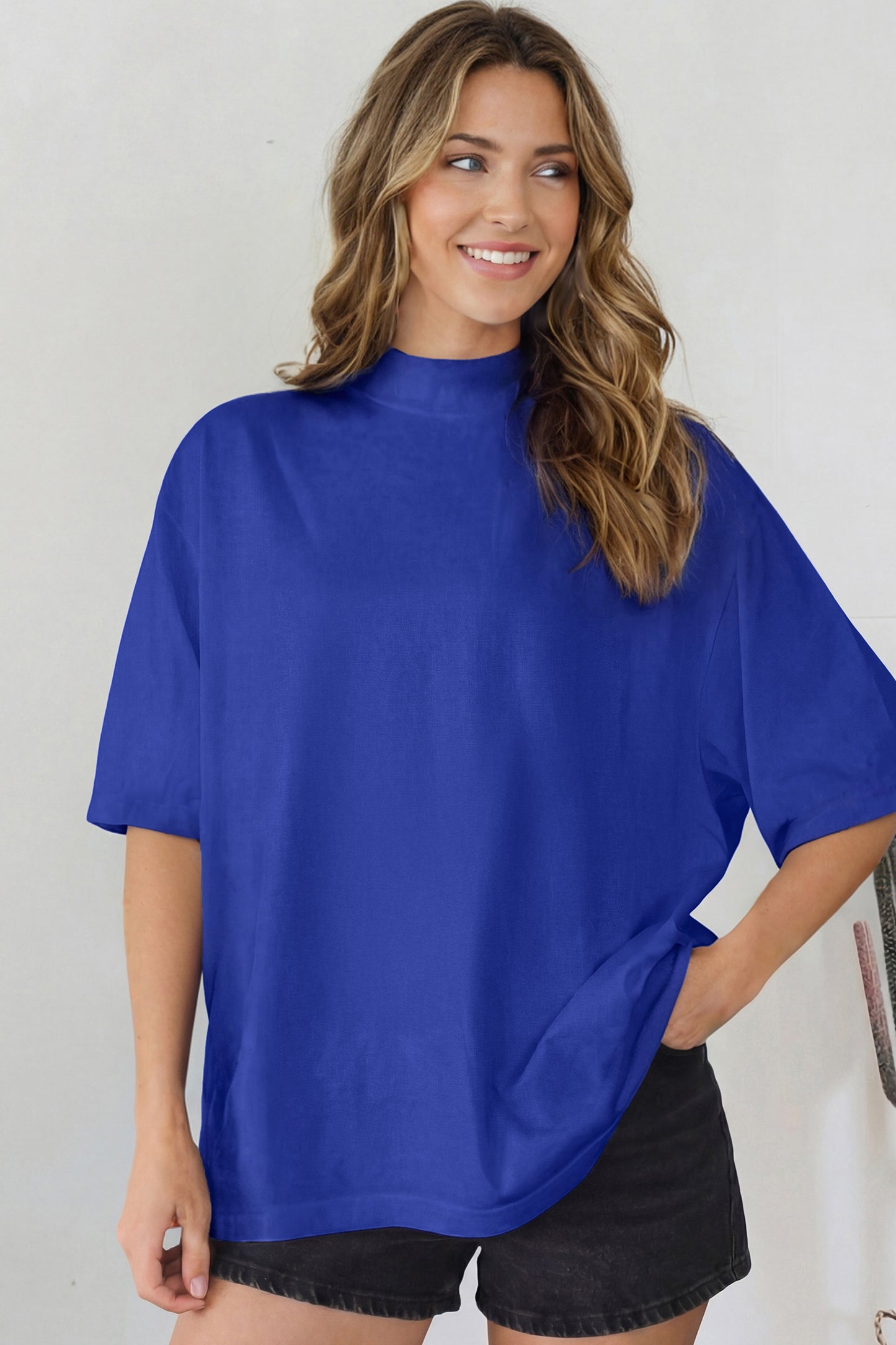 Pink Solid Color High Neck Oversize Tee-Tops/Tops & Tees-[Adult]-[Female]-2022 Online Blue Zone Planet