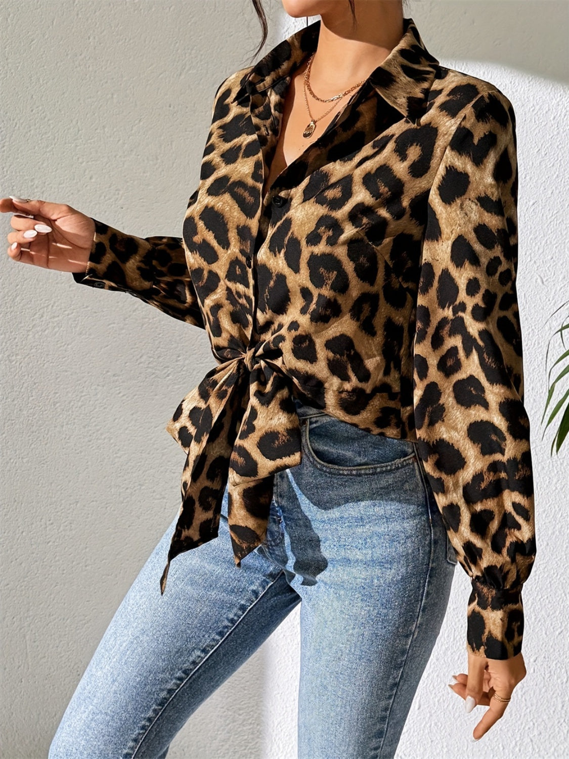 Leopard Collared Neck Long Sleeve Shirt-TOPS / DRESSES-[Adult]-[Female]-2022 Online Blue Zone Planet