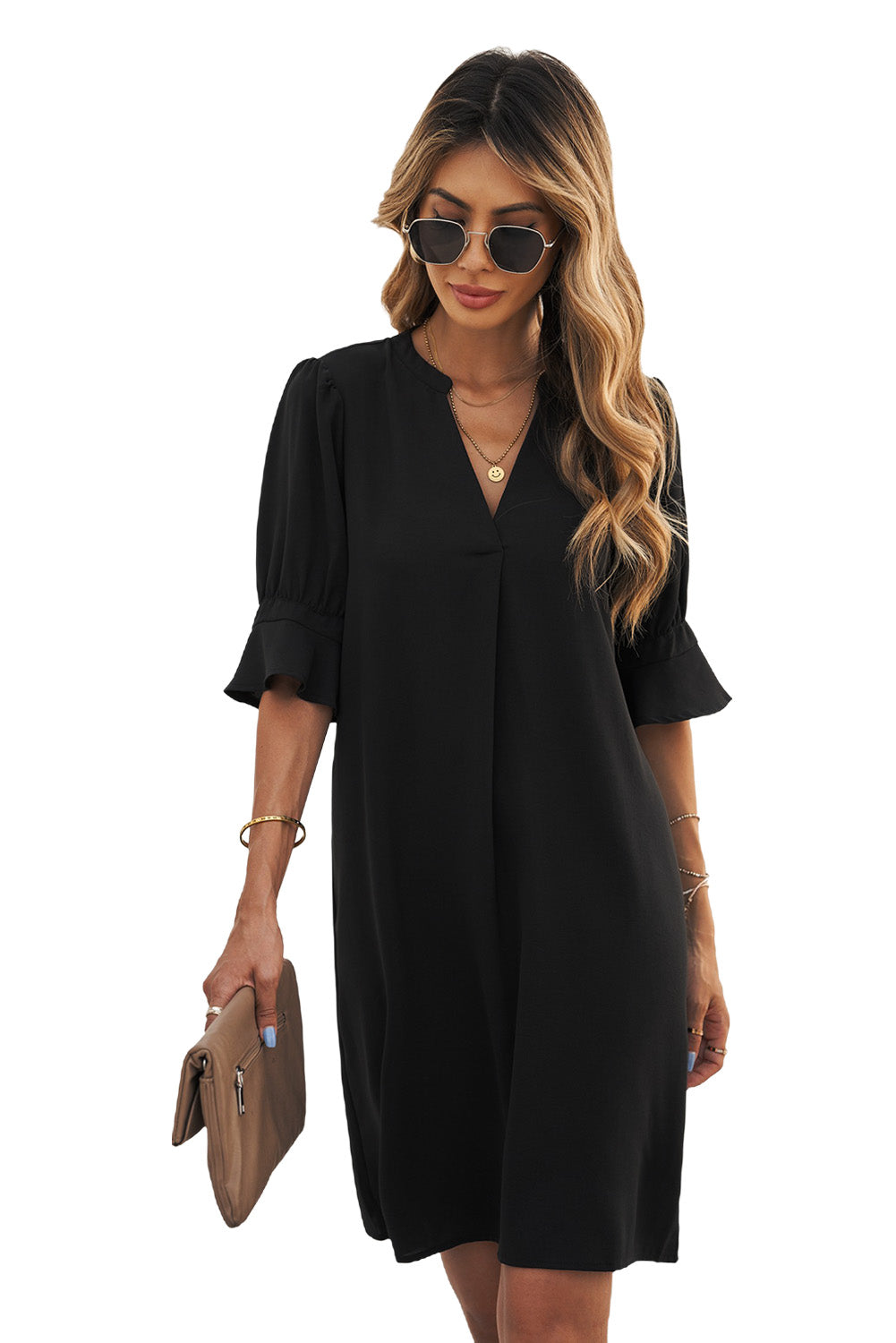 Black Ruffled Sleeve Shift Dress Blue Zone Planet