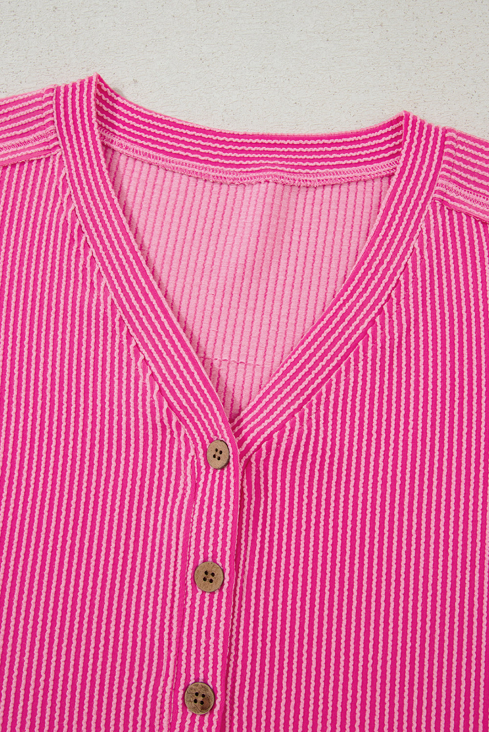 Bright Pink Spiral Ribbed Short Sleeve V Neck Buttoned Romper with Pocket-Bottoms/Jumpsuits & Rompers-[Adult]-[Female]-2022 Online Blue Zone Planet