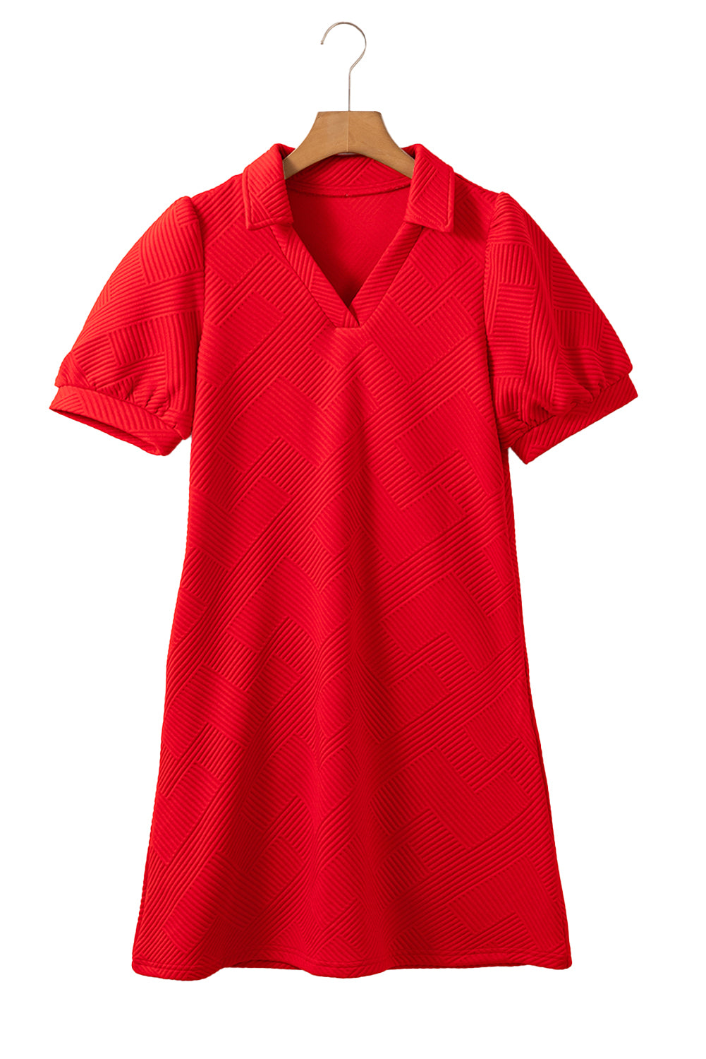 Blue Zone Planet |  Fiery Red V Neck Puff Sleeve Textured Mini Dress