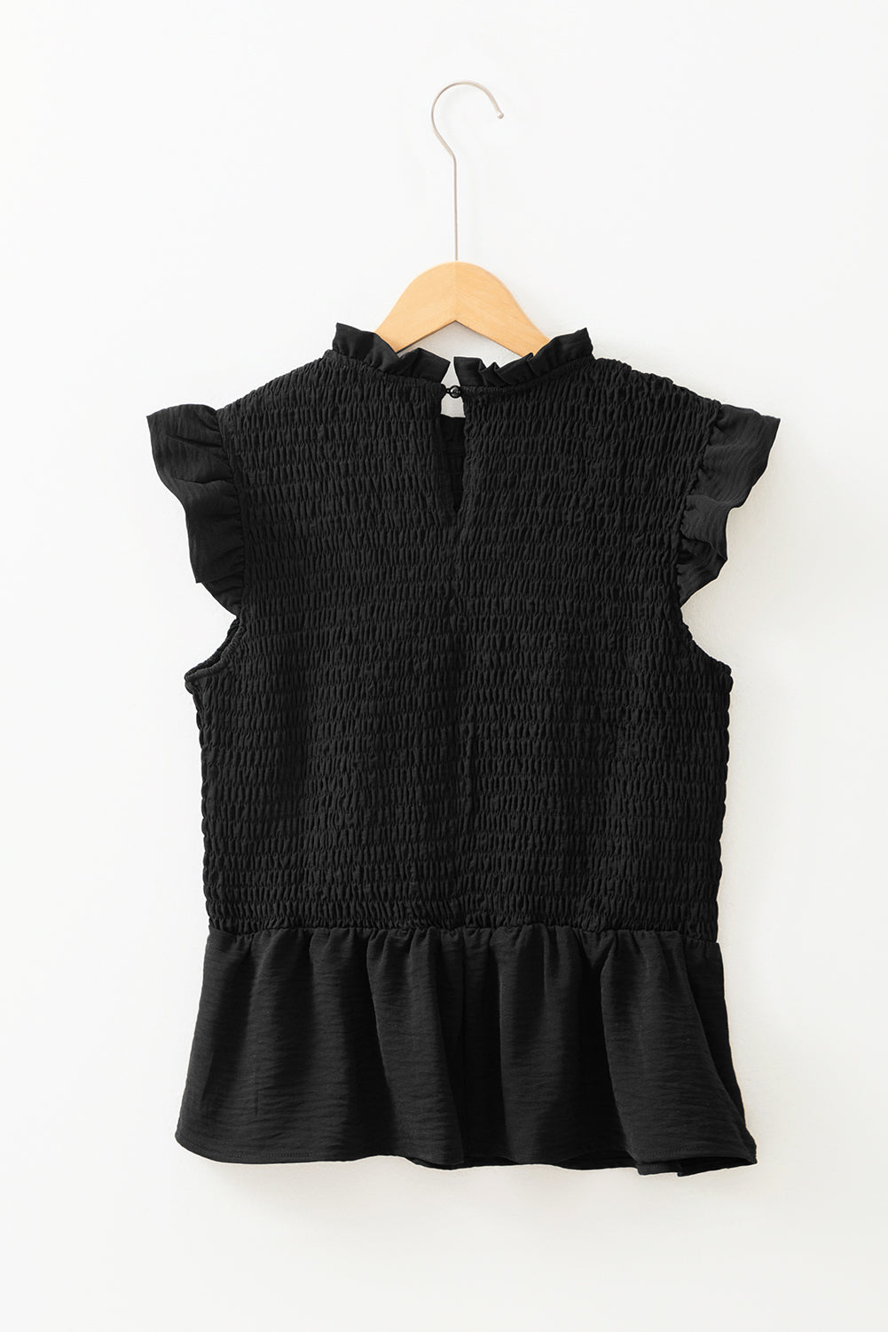 Black Ruffle Short Sleeve Shirred Peplum Top-Tops/Blouses & Shirts-[Adult]-[Female]-2022 Online Blue Zone Planet