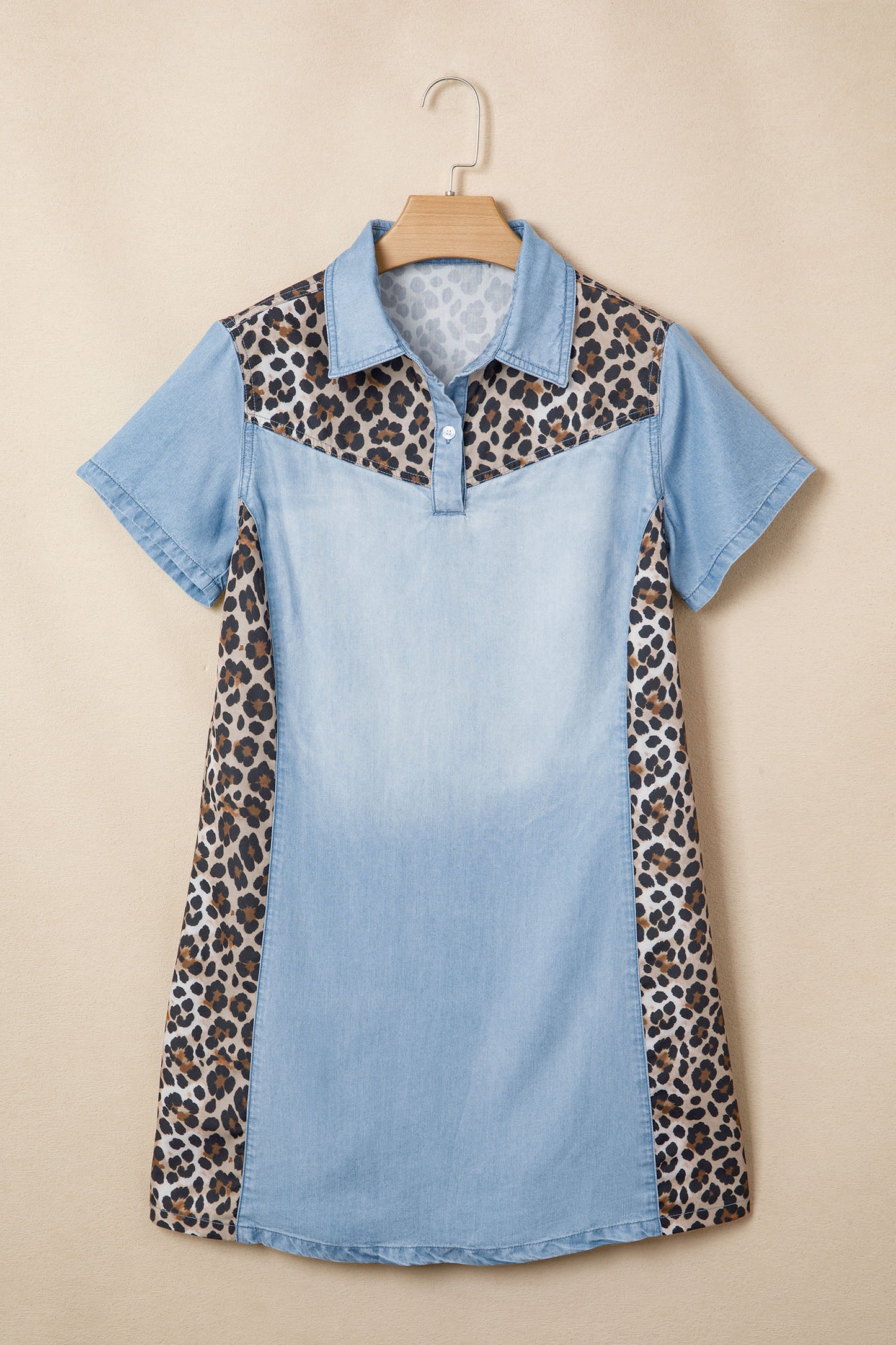 Myosotis Denim Color Block Leopard Patchwork Shirt Collar T Shirt Mini Dress-Dresses/T Shirt Dresses-[Adult]-[Female]-2022 Online Blue Zone Planet