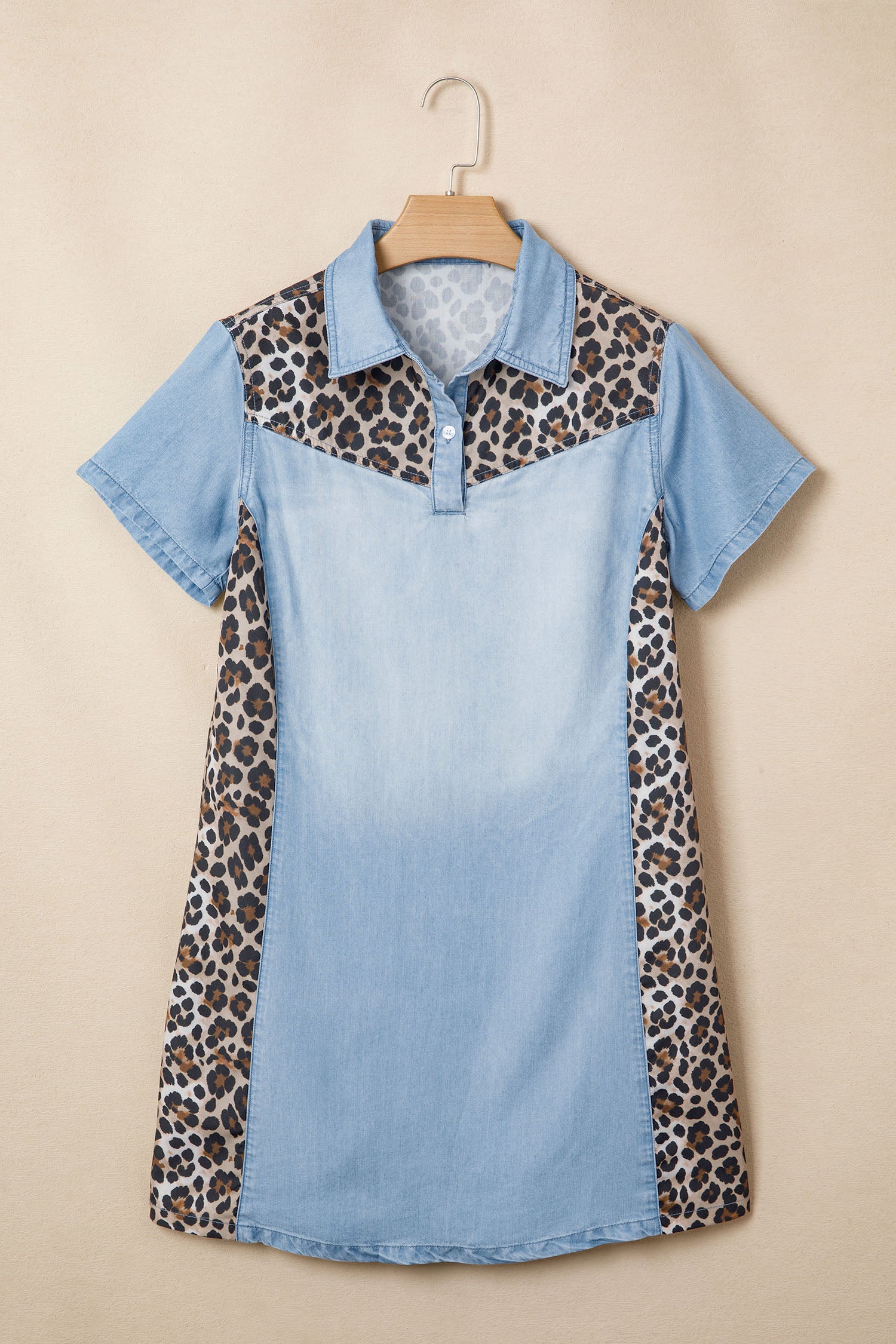 Myosotis Denim Color Block Leopard Patchwork Shirt Collar T Shirt Mini Dress-Dresses/T Shirt Dresses-[Adult]-[Female]-2022 Online Blue Zone Planet