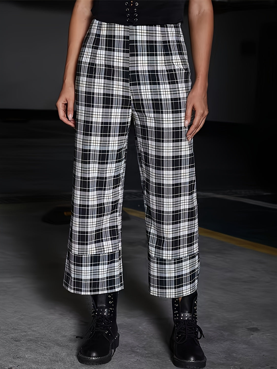 Full Size Plaid High Waist Pants-BOTTOMS SIZES SMALL MEDIUM LARGE-[Adult]-[Female]-Plaid-S-2022 Online Blue Zone Planet