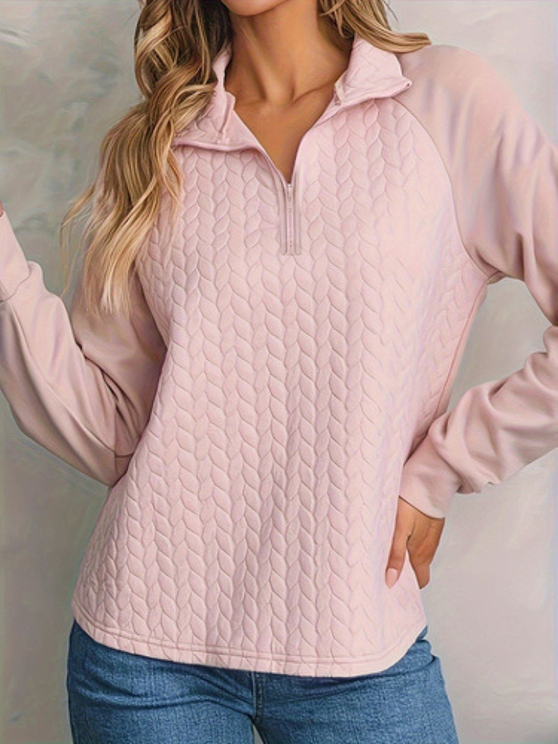 Blue Zone Planet | Texture Quarter Zip Long Sleeve Sweatshirt-TOPS / DRESSES-[Adult]-[Female]-Blush Pink-S-2022 Online Blue Zone Planet