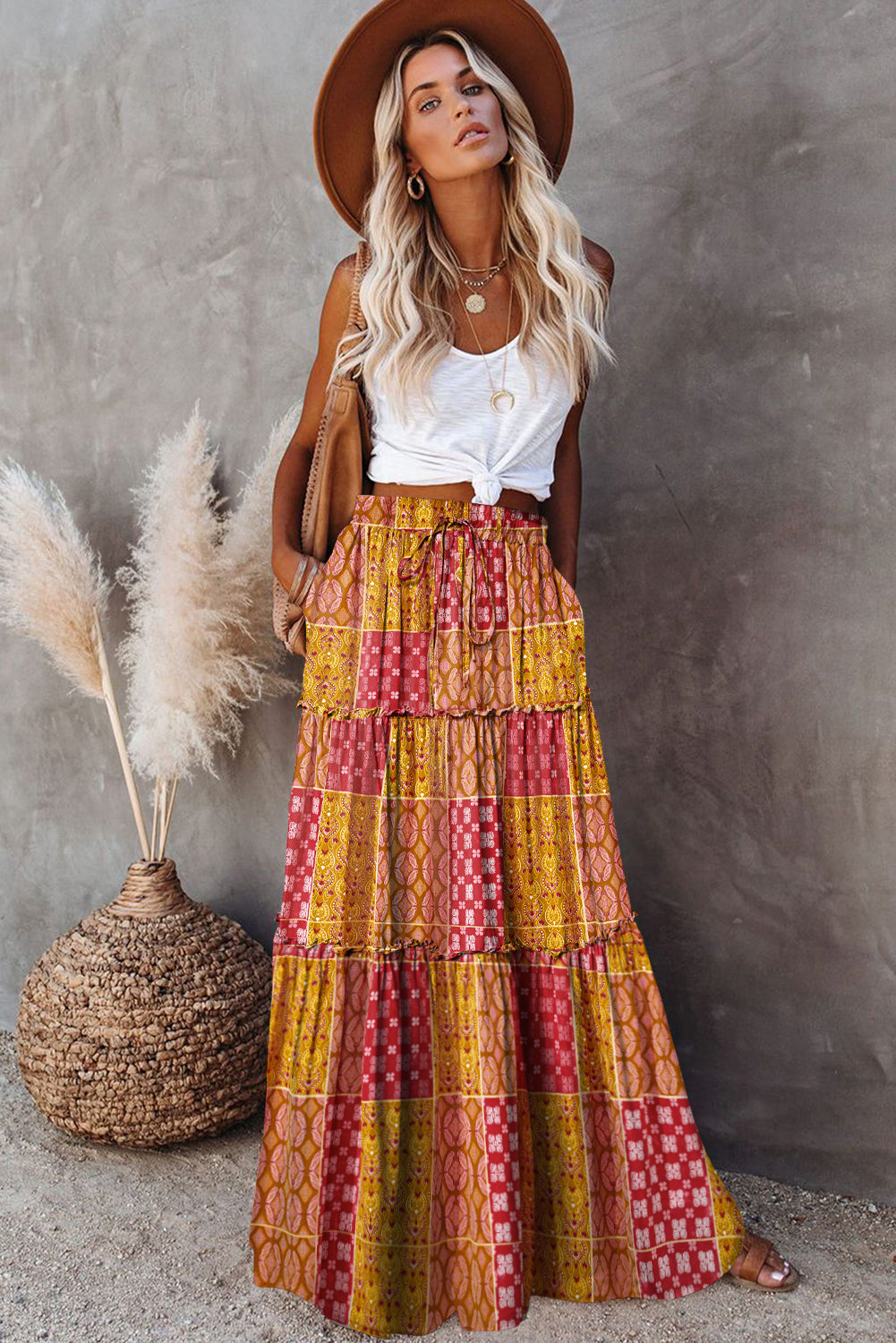 Orange Tiered Paisley Print Pocketed Maxi Skirt-Bottoms/Skirts & Petticoat-[Adult]-[Female]-2022 Online Blue Zone Planet