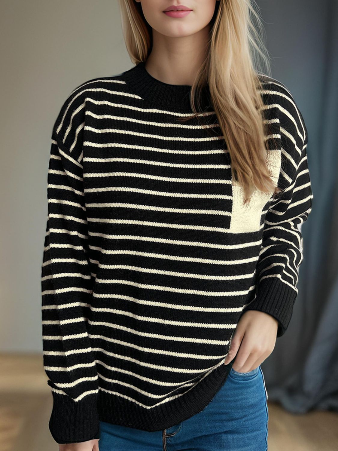 Blue Zone Planet | Striped Mock Neck Long Sleeve Sweater-TOPS / DRESSES-[Adult]-[Female]-2022 Online Blue Zone Planet