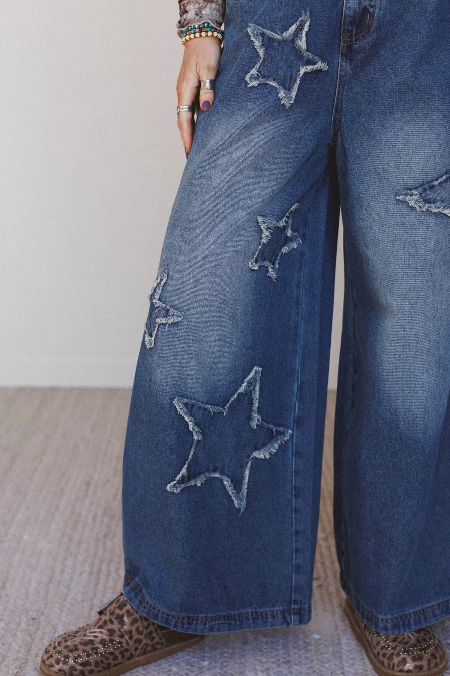 Ashleigh Blue Star Decorated Wide Leg Jeans-Bottoms/Jeans-[Adult]-[Female]-2022 Online Blue Zone Planet