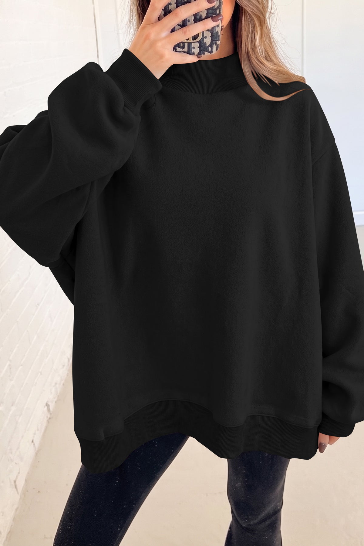Black Oversize Drop Shoulder Reversible Mock Neck Sweatshirt-Tops/Sweatshirts & Hoodies-[Adult]-[Female]-2022 Online Blue Zone Planet