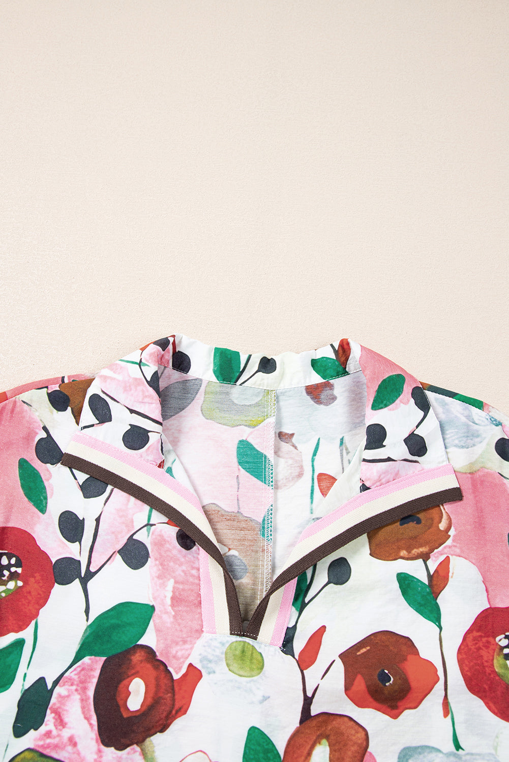 Pink Floral Print Slit V Neck Short Sleeve Blouse-Tops/Blouses & Shirts-[Adult]-[Female]-2022 Online Blue Zone Planet