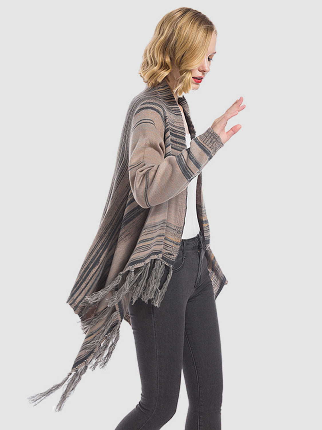 Angel Wings Tassel Striped Open Front Long Sleeve Cardigan-TOPS / DRESSES-[Adult]-[Female]-2022 Online Blue Zone Planet