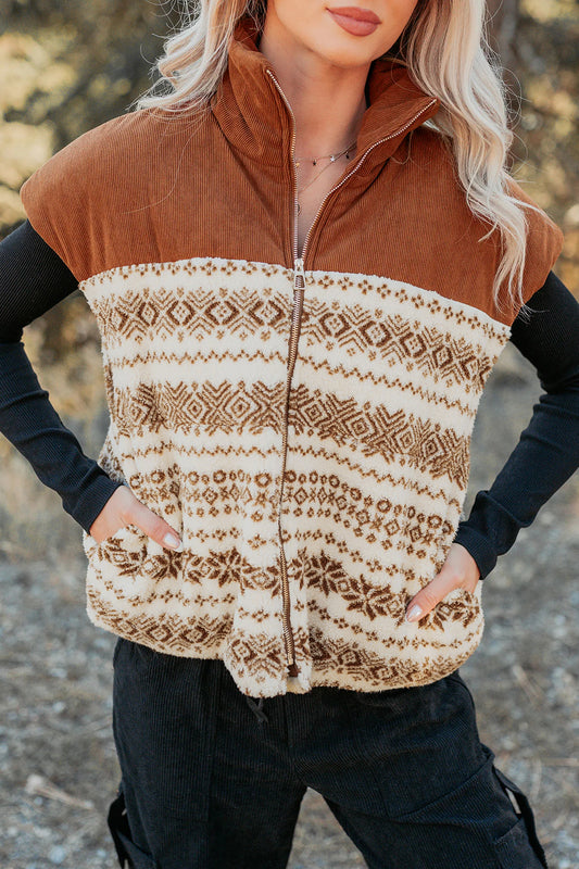 Brown Geometric Print Fleece Metal Zipper Collar Patchwork Design Vest-Outerwear/Vests-[Adult]-[Female]-Brown-S-2022 Online Blue Zone Planet